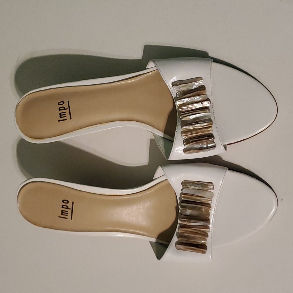 Impo women's 8.5 white small heel slip on shoes with stone decore
